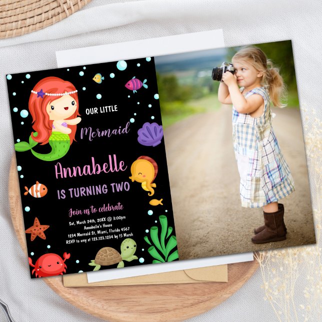 Invitation Photo 2e Anniversaire de la Sirène Little Orange (Photo 2nd Little Orange Mermaid Birthday Invitation)
