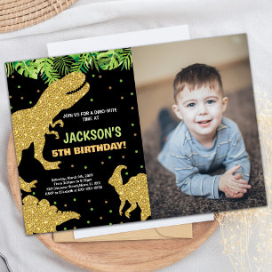 Invitation Photo 3 Parties scintillant verte Dinosaur Anniver
