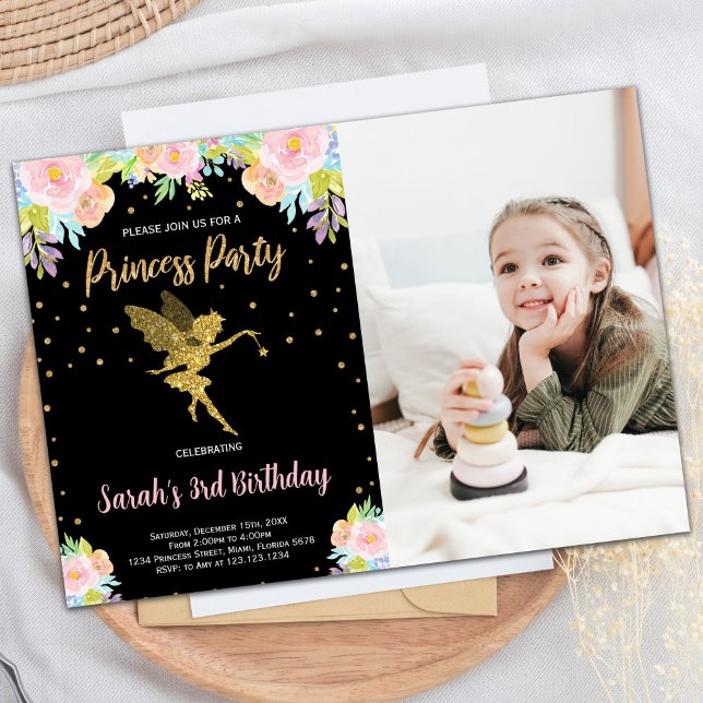 Invitation Photo 3e anniversaire de la princesse florale noir (Photo 3rd Black Floral Princess Birthday Invitation)