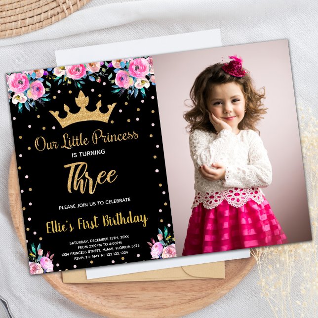 Invitation Photo 3e Parties scintillant Florale de la Couronn (Photo 3rd Floral Crown Glitter Princess Birthday Invitation)