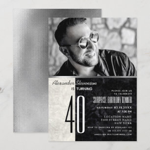 Invitation Photo 40e anniversaire, noir et Marbre blanc