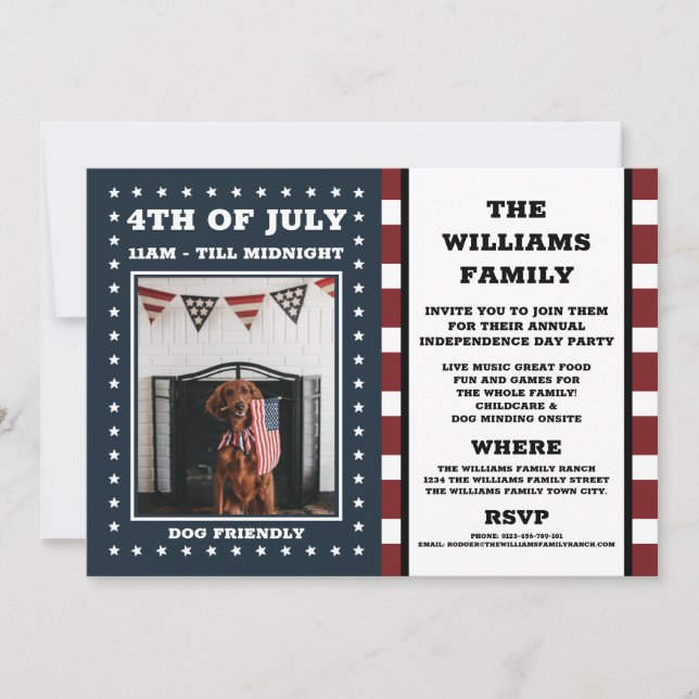 Invitation Photo| 4 juillet| Famille| Chien| Bleu blanc rouge (Devant)
