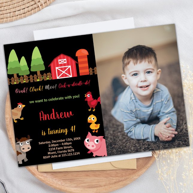 Invitation Photo 4th Black Red Farm Animaux Anniversaire (Photo 4th Black Red Farm Animals Birthday Invitation)