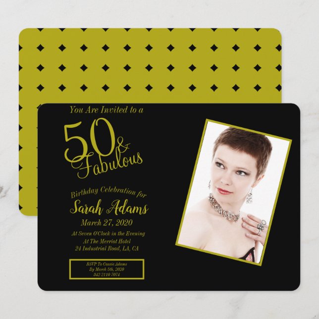 Invitation Photo 50 & Fab Gold & Black 50th Birthday Party (Devant / Derrière)