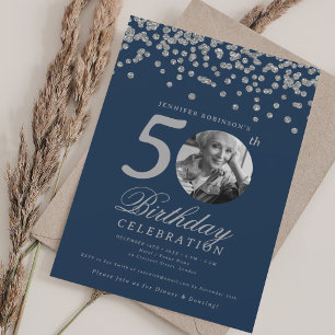 Invitation Photo 50e anniversaire Argent Confetti Marine Bleu