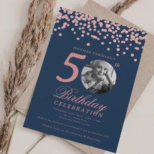 Invitation Photo 50e Anniversaire Confettis Or Rose Bleu Mari