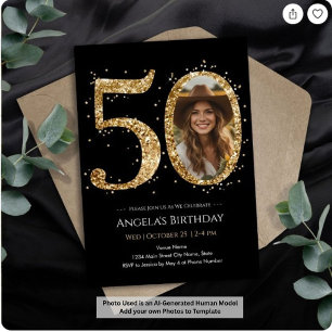 Invitation Photo 50e anniversaire paillettes dorées