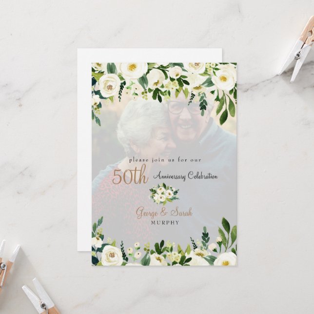 Invitation Photo 50th Anniversary Party Floral blanc (Devant/Arrière en situation)