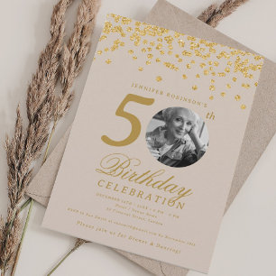 Invitation Photo 50th Birthday Gold Confetti Champagne