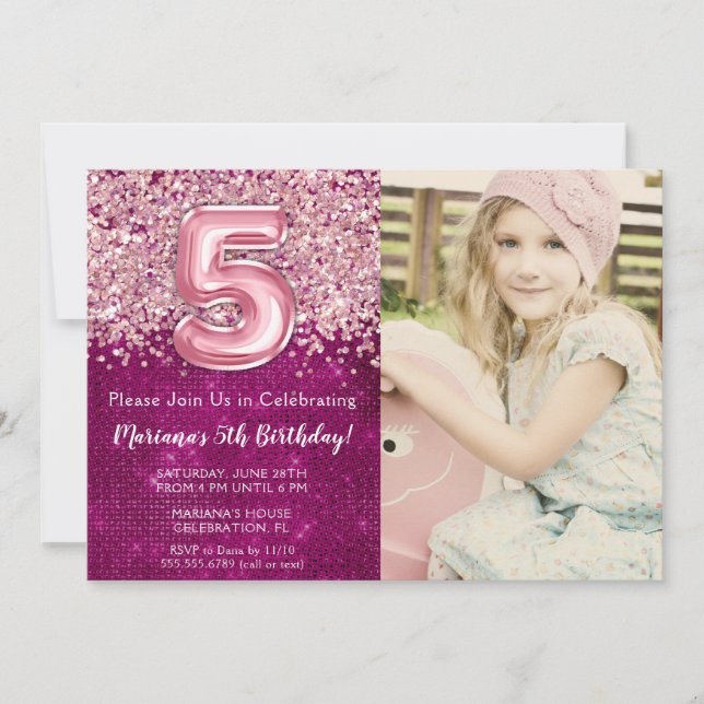 Invitation Photo 5e Parties scintillant rose magenta Invitati (Devant)