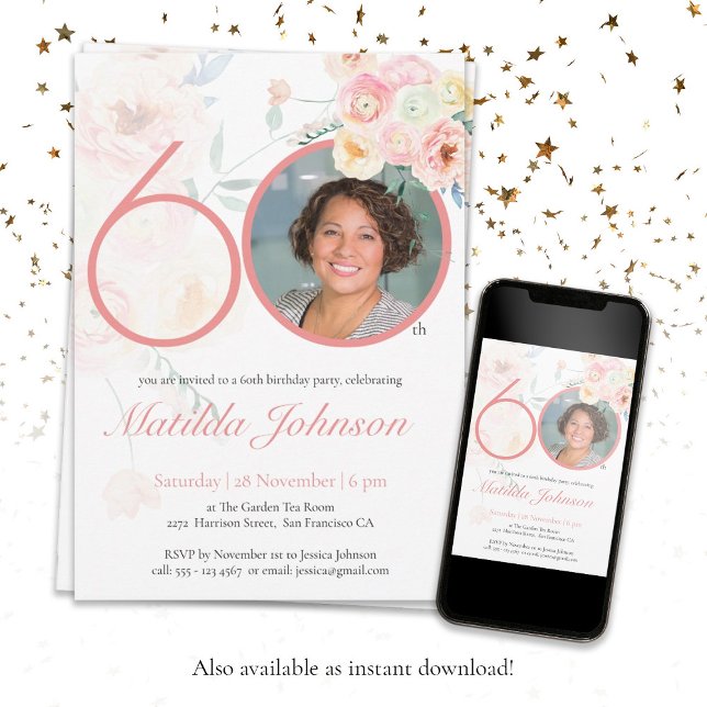 Invitation Photo 60e anniversaire Pink Floral Aquarelle perso (Photo 60th Birthday Pink Floral Watercolor Custom Invitation)