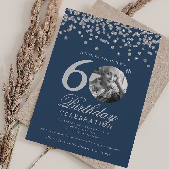 Invitation Photo 60e anniversaire Silver Confetti Navy (Photo 60th Birthday Silver Confetti Navy Invitation)