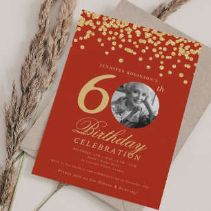 Invitation Photo 60th Birthday Gold Parties scintillant Confe