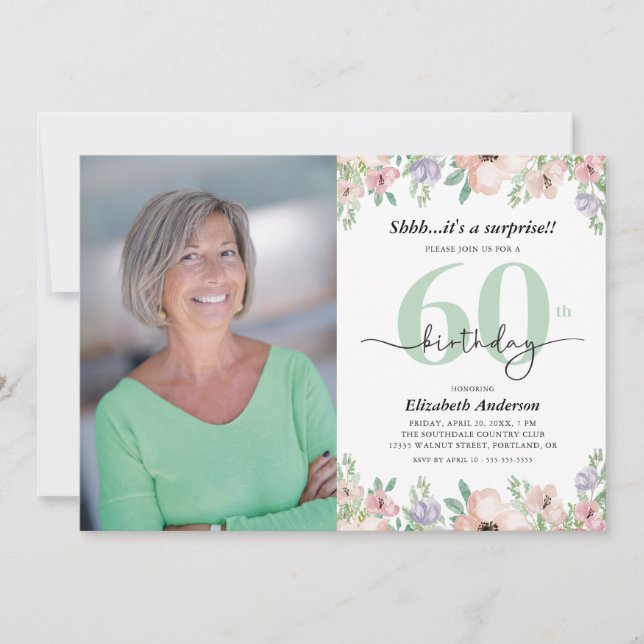 Invitation Photo 60th Birthday Party Pastel Floral  (Devant)