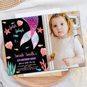 Invitation Photo 6th Dark Pink sur le dessus sirène Anniversa