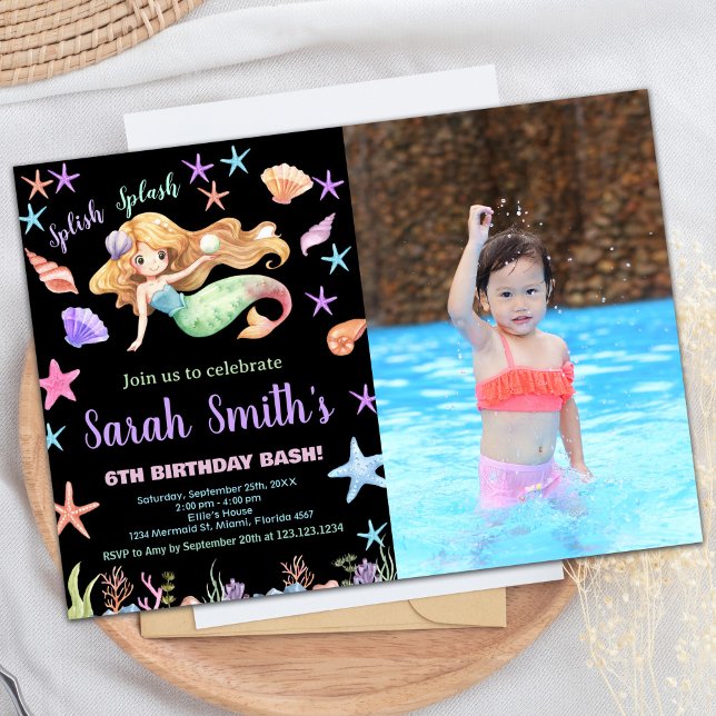 Invitation Photo 6th Purple Under the sea Mermaid Anniversair (Photo 6th Purple Under the sea Mermaid Birthday Invitation)