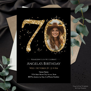 Invitation Photo 70e Anniversaire Paillettes Noir et Or