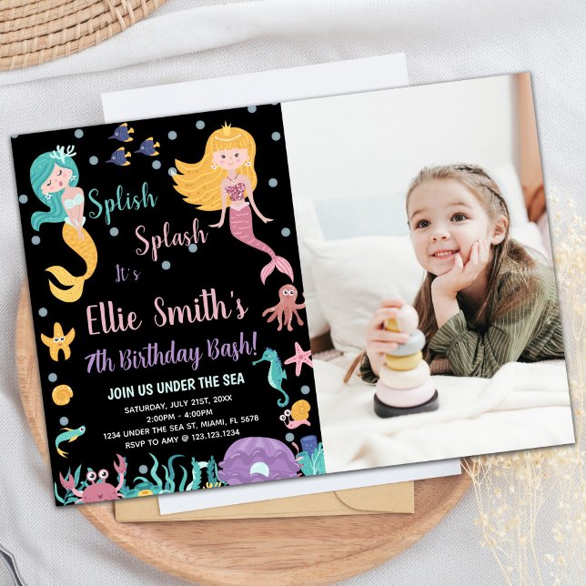 Invitation Photo 7th Under the sea Blond Mermaid Anniversaire (Photo 7th Under the sea Blond Mermaid Birthday Invitation)