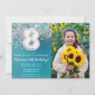 Invitation Photo 8e Anniversaire Paillettes Argentées Turquoi