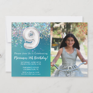 Invitation Photo 9e Anniversaire Paillettes Argentées Turquoi