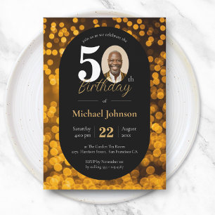 Invitation Photo à effet Bokeh Or Noir pour 50e Anniversaire