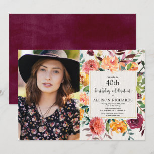 Invitation Photo adulte florale d'anniversaire de chute d'or