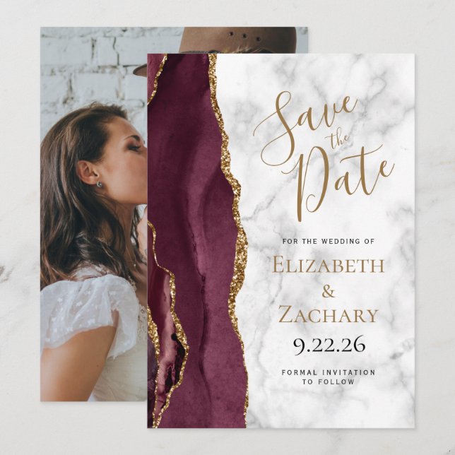 Invitation Photo Agate Burgundy Gold Marble Enregistrer la da (Devant / Derrière)