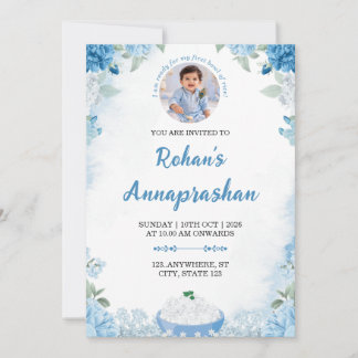 Invitation photo Annaprashan à motif floral bleu