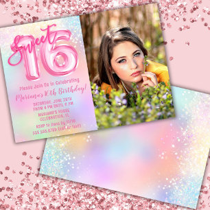 Invitation Photo Anniversaire 16 ans Rose Arc-en-ciel