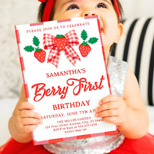 Invitation photo anniversaire 1 an fraise rouge à