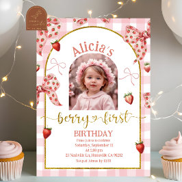 Invitation Photo Anniversaire 1 an Ruban Rose Fraise Sucrée