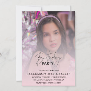 Invitation photo anniversaire 20 ans ombre rose fé