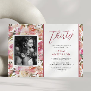 Invitation photo anniversaire 30 ans à fleurs rose