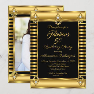 Invitation Photo Anniversaire Black Gold Deco Stripe