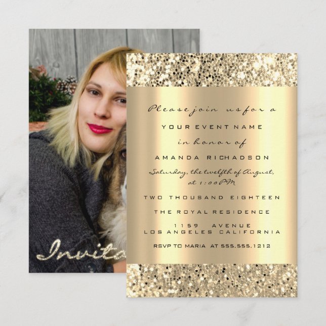 Invitation Photo Anniversaire Champagne Gold Spark Parties sc (Devant / Derrière)