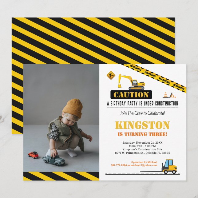Invitation Photo Anniversaire Construction Enfants Arrêter La (Devant / Derrière)