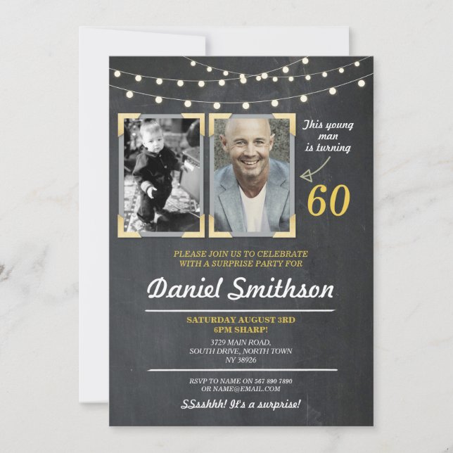 Invitation Photo Anniversaire de fête Homme 2 photos Surprise (Devant)