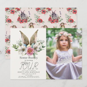 Invitation Photo Anniversaire De Fille Rose Florale De Bunny 