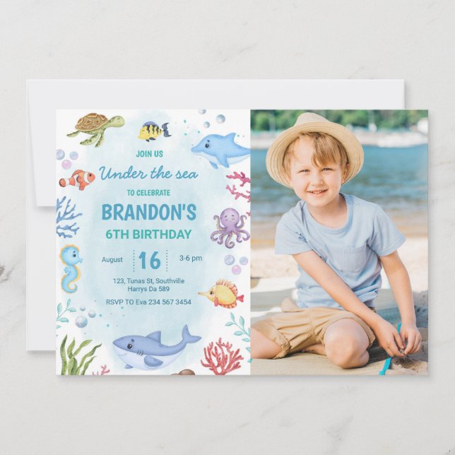 Invitation Photo Anniversaire de la tortue des requins sous l (Devant)