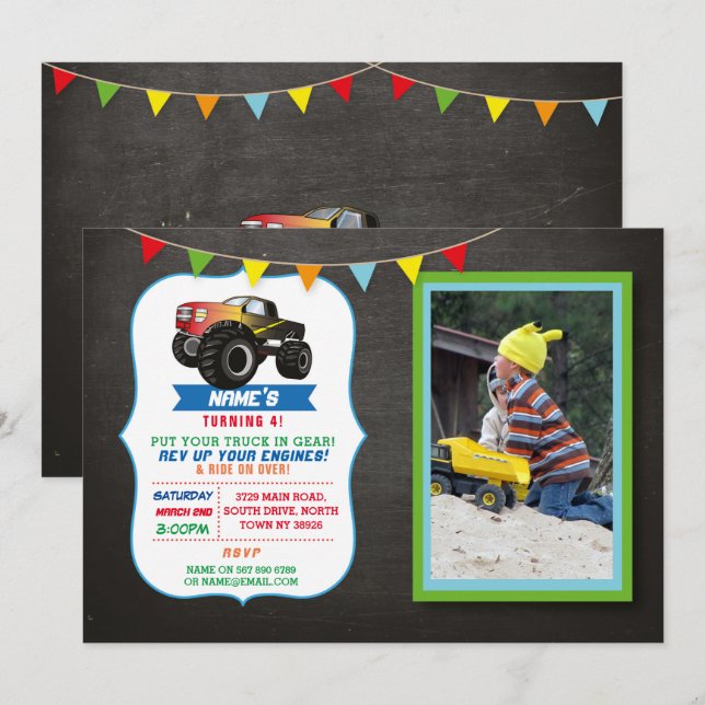 Invitation Photo Anniversaire Fête Camion Monster voiture Sma (Devant / Derrière)