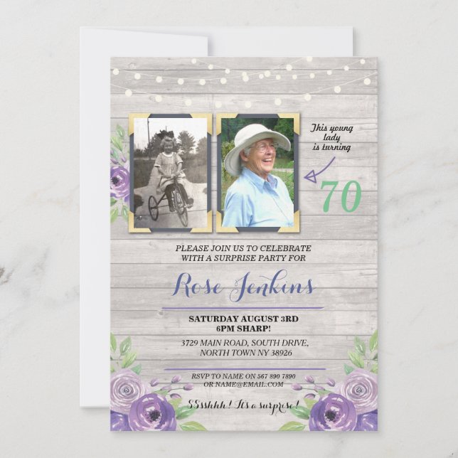 Invitation Photo Anniversaire Floral Purple Wood 2 Photos (Devant)