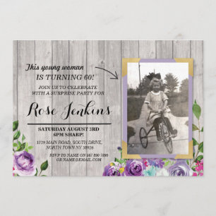 Invitation Photo Anniversaire Floral Rustic Bois violet Invit