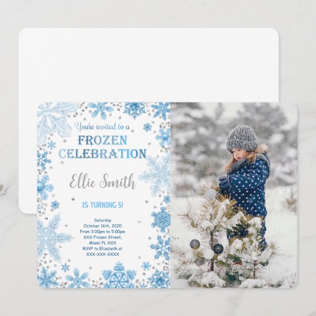 Invitation photo anniversaire modifiable Frozen (Devant / Derrière)