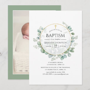Invitation Photo aquarelle Eucalyptus Géométrique Baptême