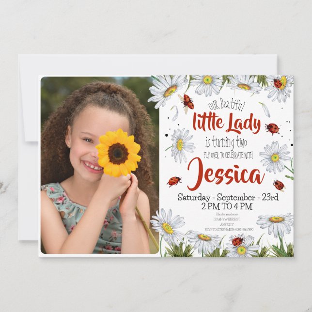 Invitation Photo Aquarelle mignonne Anniversaire fille Ladybu (Devant)