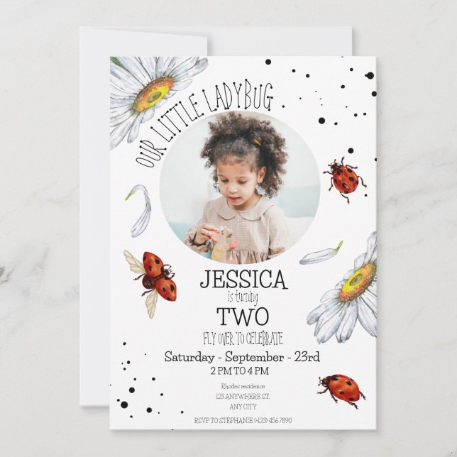 Invitation Photo Aquarelle mignonne Anniversaire fille Ladybu (Devant)
