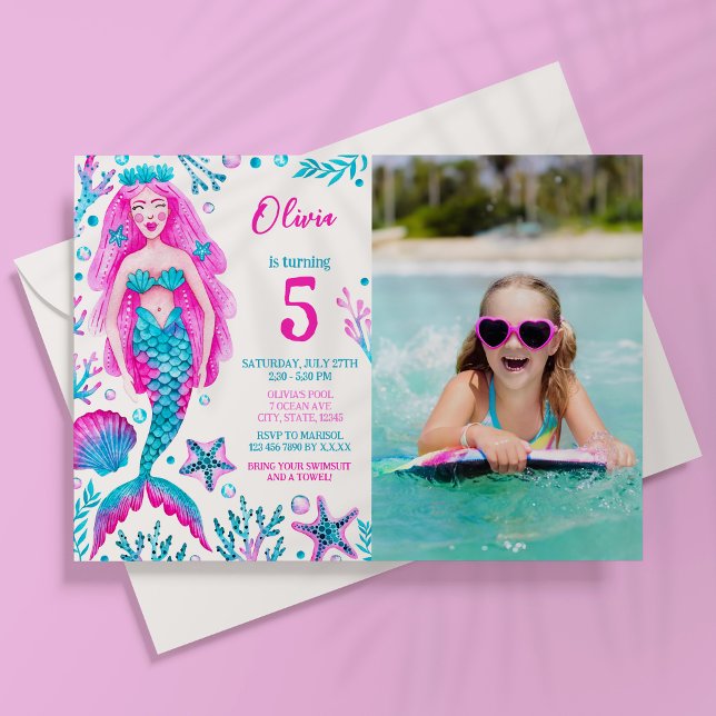 Invitation Photo Aquarelle Sirène Fille Anniversaire Pool Par (Photo Watercolor Mermaid Girl Birthday Pool Party Invitation)