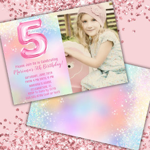Invitation Photo Arc-en-ciel rose 5e anniversaire
