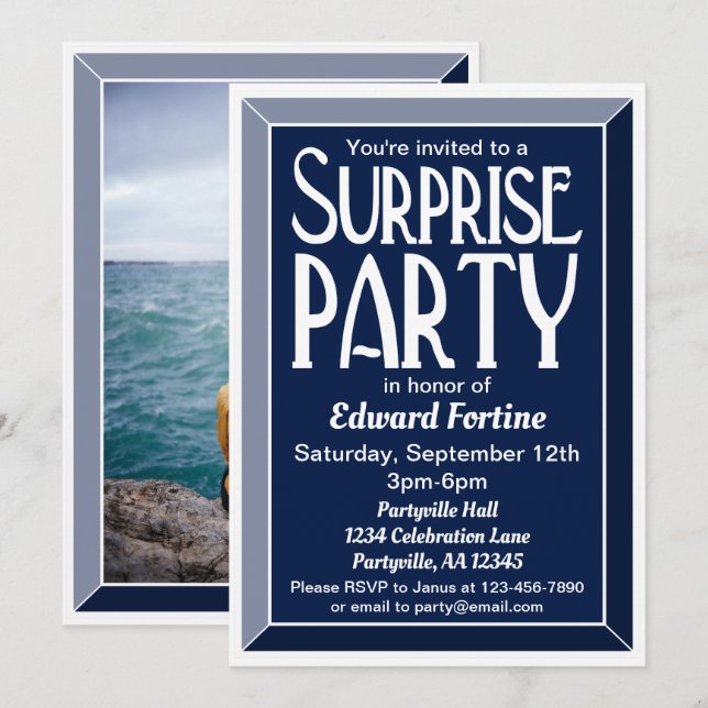 Invitation Photo Art déco de la Marine Anniversaire Surprise  (Devant / Derrière)
