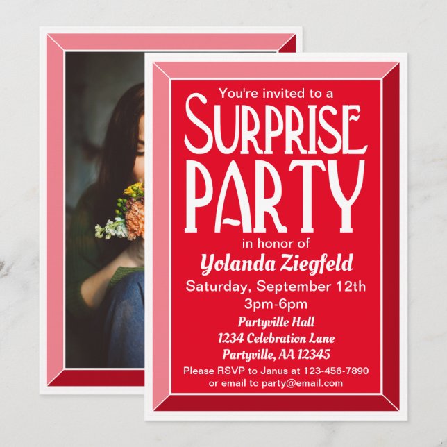 Invitation Photo Art déco rouge Anniversaire Surprise Party (Devant / Derrière)